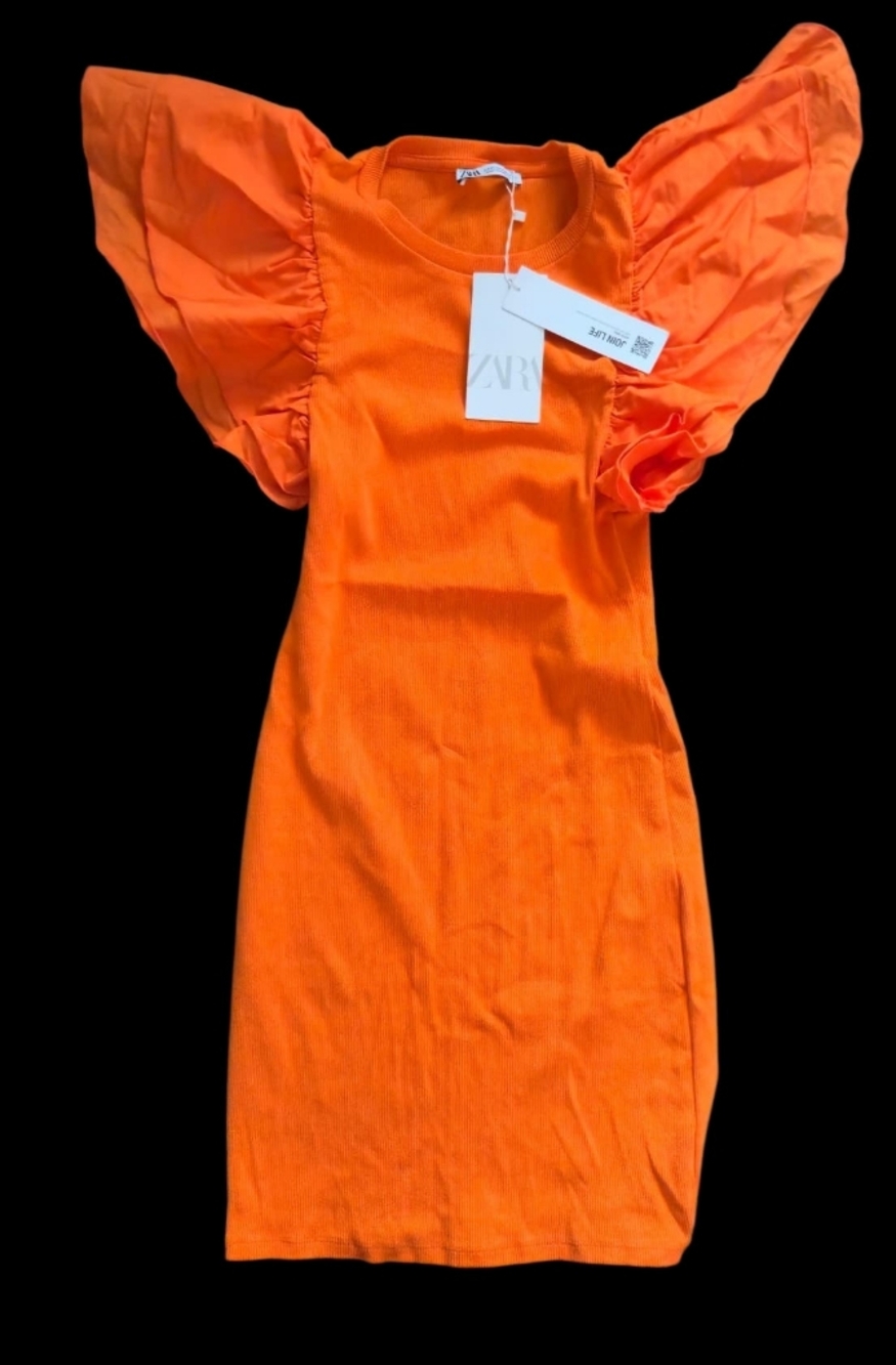 ZARA Orange Flutter-Sleeve Knit Dress